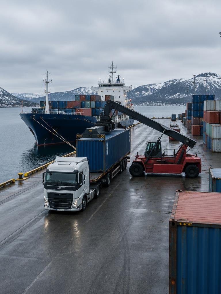 Container lastas på lastbil i hamnen