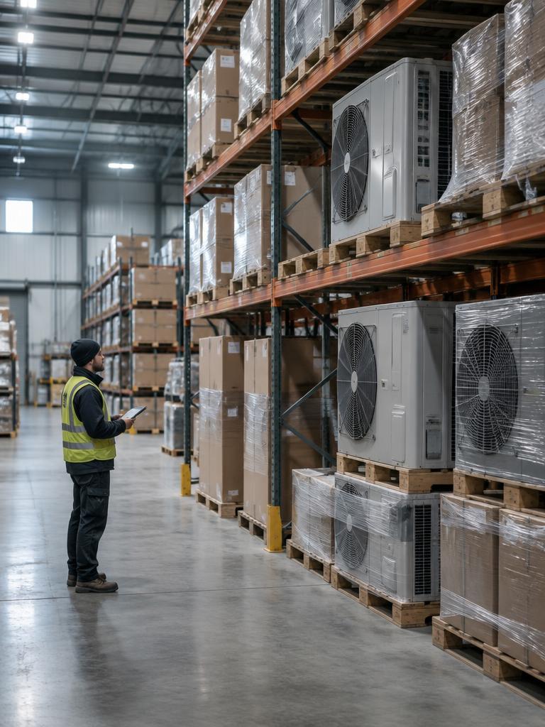 Lagerarbetare bland pallar i distributionslager
