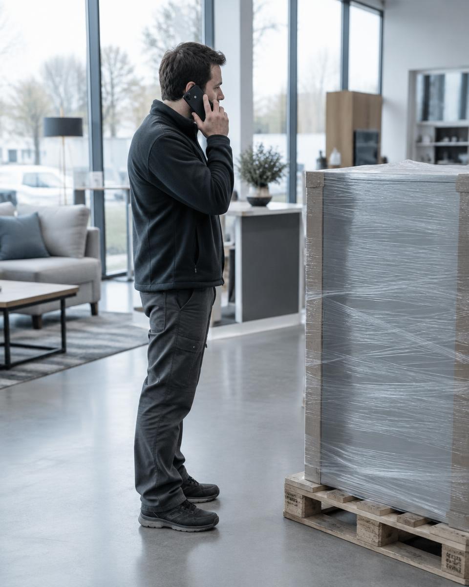 Återförsäljare i telefon bredvid en produkt på pall