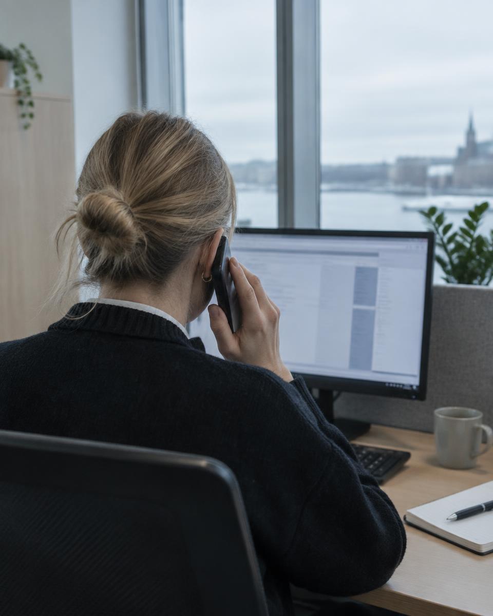 Säljare i telefon vid datorn