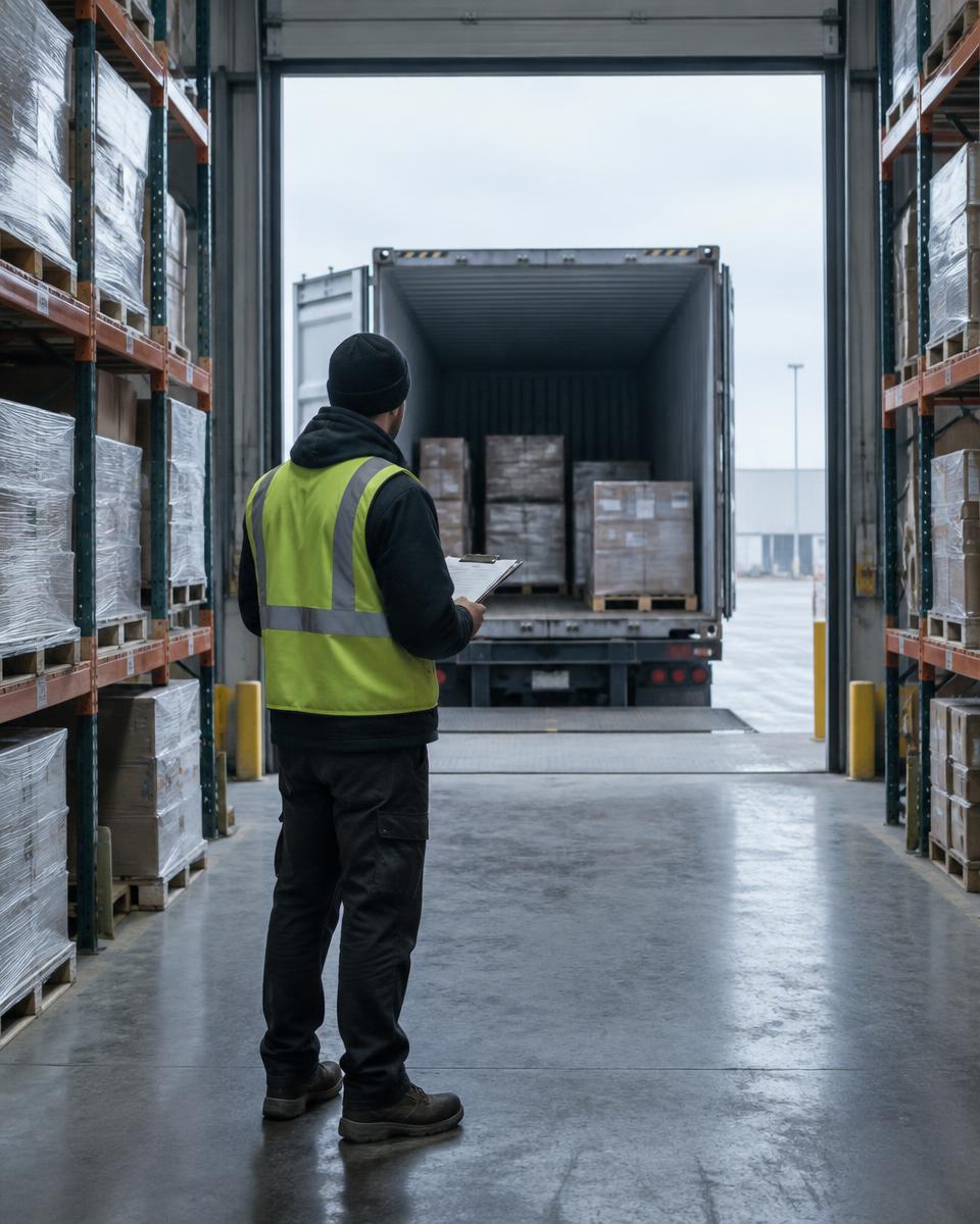 Lagerarbetare vid en container